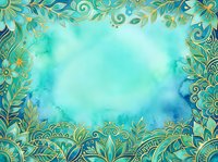 Turquoise watercolor background with ornate gold and teal decorative floral border frame, isolated on white space for design, invitations, and creative projects.
