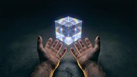 Hands reaching toward glowing holographic cube with rainbow light effects floating above palms against dark background for technology and innovation concepts.
