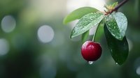 Fresh red cherry hanging on branch with green leaves covered in morning dew drops against soft blurred natural background for organic fruit harvest concepts.