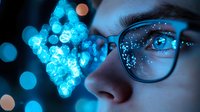 Young Asian woman wearing glasses with glowing blue bokeh lights reflecting, creating magical atmosphere. Close up portrait with dreamy sparkles and lens flares.