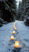 Illuminated path through snowy winter forest with glowing lanterns creating magical atmosphere for seasonal holiday designs.