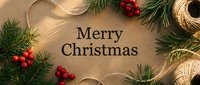 Merry Christmas greeting on kraft paper with pine branches, red berries, and twine. Festive holiday flat lay for cards and seasonal design.