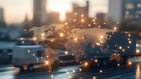 Global network connections illuminate world map with glowing connection points and lines against blurred cityscape background at sunset, representing international business connectivity.