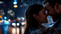 Romantic couple in rain at night with bokeh lights, close-up profile view showing intimate moment between young Hispanic woman and Caucasian man in urban setting.