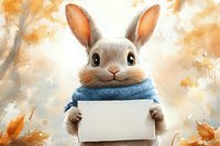 Adorable bunny wearing blue scarf holding blank white sign in autumn forest setting with falling orange leaves and soft bokeh background. Great for seasonal greetings.