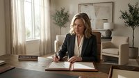 Professional businesswoman in dark suit writing at wooden desk in modern office with natural lighting and neutral decor.
