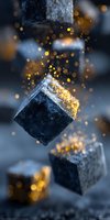 Dark stone cubes with golden glitter falling in dramatic lighting, creating magical atmosphere for luxury product advertising.