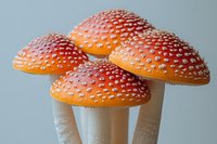 Orange and red spotted mushrooms with white dots against light background, macro nature photography showing detailed texture of amanita muscaria caps.