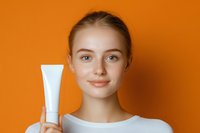 Young Caucasian woman with clear skin holding white cosmetic tube on vibrant orange background for skincare and beauty product advertising campaigns.