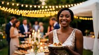 Young African American woman serving appetizers at elegant outdoor wedding reception with string lights and guests celebrating in background.
