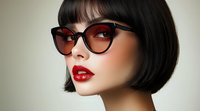 Glamorous Asian woman with short black bob haircut, red lipstick and retro cat eye sunglasses against light background, fashion portrait in modern style.