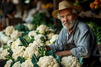 Senior Caucasian farmer with gray beard wearing hat and apron displays fresh organic cauliflower at local farmers market produce stand. Natural lighting highlights vegetables.