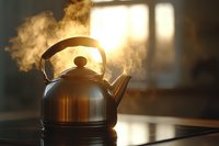 Steaming kettle on stove in morning sunlight with golden rays streaming through window, creating atmospheric mood with rising vapor in kitchen setting.