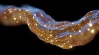 Ethereal flowing wave with golden glitter particles and translucent fabric creating magical light effect against dark background, suitable for luxury design projects.