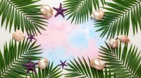 Tropical summer frame with palm leaves, seashells and starfish on pastel background for vacation design projects and seasonal marketing materials.