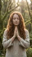 Peaceful young Caucasian woman with red hair meditating in prayer pose outdoors in natural forest setting with soft sunlight for wellness and mindfulness.