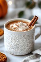 Hot chocolate topped with whipped cream and cinnamon stick in white textured ceramic mug. Cozy autumn drink with pumpkin cookies on light background.