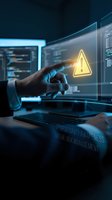 Hand touching glowing warning triangle on futuristic holographic display for cybersecurity awareness and digital risk management in modern tech environment.