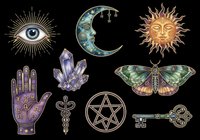 Mystical clipart set with eye, moon, sun, crystal, moth, hand, caduceus, pentagram and key, isolated on transparent background for stickers, sublimation, t-shirt design.