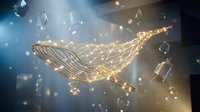 Golden wireframe whale floating in ethereal space with glowing lights and crystal fragments creating magical underwater atmosphere for digital art projects.