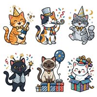Cartoon cats celebrating with party hats, balloons, gifts, and confetti in festive poses. Isolated clipart set ready for greeting cards, invitations, t-shirts, and children's designs.