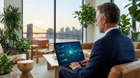 Middle-aged Caucasian businessman in navy suit working on laptop with digital interface in modern office overlooking city skyline at sunset.
