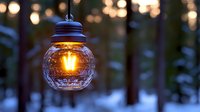 Glowing glass pendant lamp with textured surface illuminated against blurred winter forest background creates cozy atmospheric lighting at dusk.