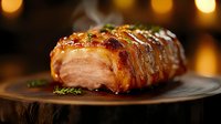 Glazed salmon fillet with caramelized crust and herbs served on dark plate against blurred warm lights background, steam rising from fresh cooked fish.