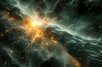 Cosmic nebula with glowing orange energy burst and ethereal turquoise clouds swirling through dark space, illuminated by bright stellar light and electrical patterns.
