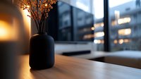 Minimalist black vase with dried orange branches on wooden table near window at dusk, creating cozy atmosphere with soft natural lighting and urban backdrop.