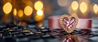 Heart-shaped jewelry piece with intricate design on dark textured surface with warm golden bokeh lights creating romantic atmosphere for luxury accessories.