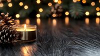 Glowing candle and pine cones on dark wooden surface with blurred Christmas lights bokeh background creating cozy festive atmosphere for winter holidays.