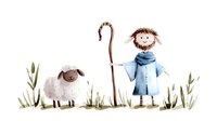 Young shepherd boy in blue coat with wooden staff stands next to white fluffy sheep among green grass, watercolor style illustration for children books.