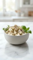 Fresh feta cheese cubes with herbs and spices in white bowl on marble counter. Mediterranean appetizer ready for serving in modern kitchen setting.