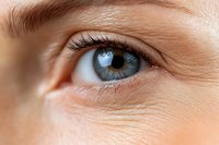 Close-up of mature woman's blue eye with natural wrinkles and eyelashes showing aging process and skincare needs for cosmetic treatments.