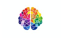 Colorful brain illustration with vibrant rainbow segments representing creativity, intelligence, and mental health for psychology or neuroscience concepts.