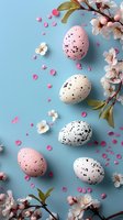 Speckled Easter eggs in pink and white tones arranged with delicate cherry blossoms and scattered pink petals on light blue background. Spring holiday composition.
