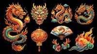 Colorful Asian dragons and lanterns isolated on transparent background, ready for t-shirt design, clipart, stickers, sublimation, and print-on-demand projects.
