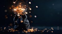 Money bag exploding with golden coins and sparks against dark background, dramatic lighting creates mystical atmosphere for financial concepts.