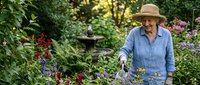 Senior Caucasian woman gardener in straw hat tending colorful flower garden with blooming plants and lush greenery during peaceful morning routine.
