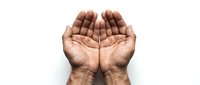 Open cupped hands gesture on white background showing palms up in receiving or giving position for charity and donation concepts.