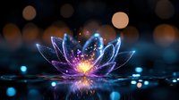 Glowing magical lotus flower with neon blue and purple petals reflecting on water surface against dark background with bokeh lights and sparkles.
