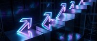 Glowing neon arrows ascending dark metallic stairs, symbolizing growth, progress, and success in a futuristic digital environment.