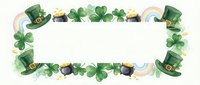 St. Patrick's Day festive frame with green leprechaun hats, four-leaf clovers, gold coins, pots and rainbows on white background for holiday designs.