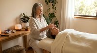 Senior Caucasian female massage therapist performing relaxing head massage on young woman client in peaceful spa wellness center with natural lighting.