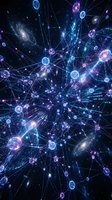 Digital network connections with glowing nodes and data streams in cosmic space background for technology and communication concepts.