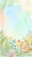 Soft watercolor botanical background with pastel flowers, ferns, and birds, featuring copy space for greeting cards and social media.