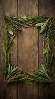 Fresh herbs frame arranged on rustic wooden background with rosemary, sage and thyme creating natural border for culinary cooking and kitchen design.