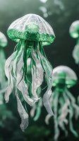 Translucent green and white jellyfish with flowing tentacles against dark background, artistic macro photography highlighting delicate details and ethereal movement.