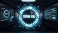 Futuristic digital thank you message with glowing blue holographic interface and network connections for business presentations and corporate communications.